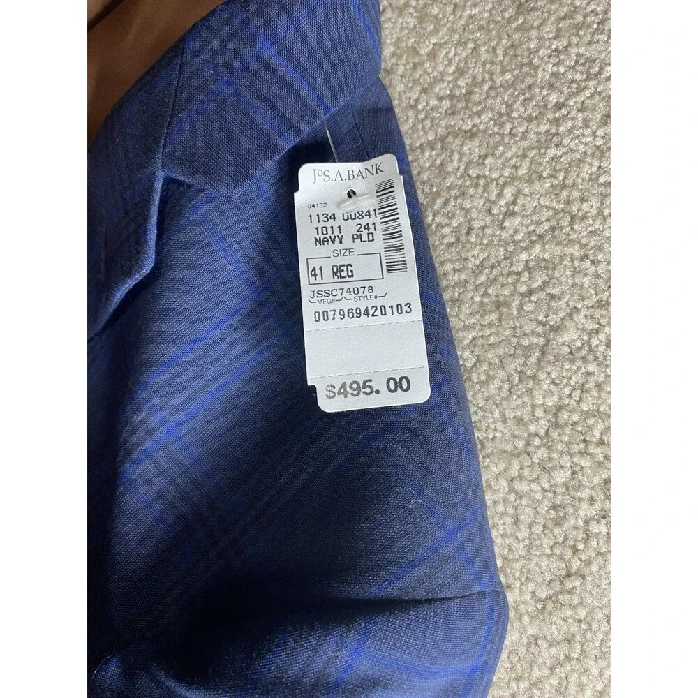 Jos A Bank Joseph Slim Fit Suit Jacket 41R Navy Blue Plaid 100 Wool Metropolitan